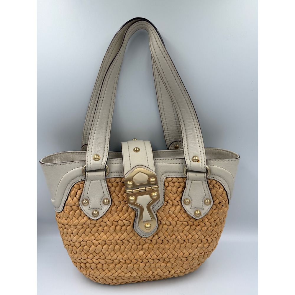 Michael Kors Straw Leather Shoulder Bag Cream Woven Tote Gold Hardware
